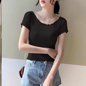 แฟชั่นใหม่เสื้อสั้นผู้หญิงเด็กผู้หญิงถักขอบหยักเสื้อคอกลมแขนสั้นเข้ารูปสีทึบแฟชั่นฤดูร้อน - Product Image 5