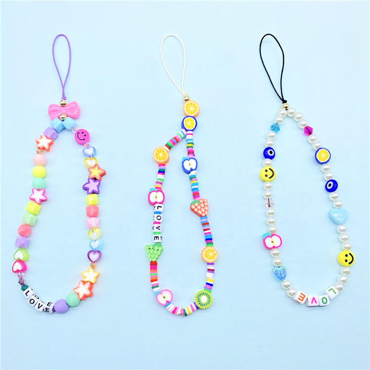 Cute DIY Beading Phone Case Wrist Chains Beaded Lanyard, Smile Star Fruit Clay Acrylic Beads Mobile Phone Key Purse Strap
