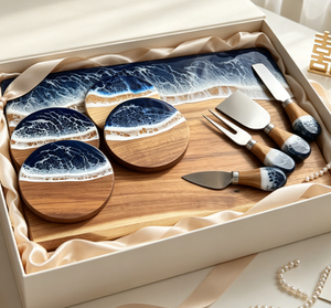 Tabla de Quesos de Madera de Acacia con Resina Efecto Olas del Océano, Tabla de Charcutería con Cuchillos para Queso y Posavasos, Plato de Madera para Servir, Ideal para Regalo - Product Image 1