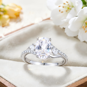Jewelry Wholesaler 925 Sterling <b>Silver</b> Classic Engagement Promise <b>Rings</b> Rhodium Plated 3 Stone Oval Zircon <b>Adjustable</b> Size Fine - Product Image 4