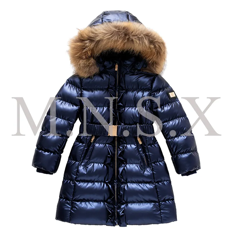 Custom Blue Reflective Girls Fleece Jacket Padded Furry Hooded Coat Long Kids Clothing Blue Belt