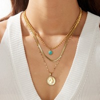 Collier multicouche empilable avec pendentif pièce ronde à chaîne irrégulière, bijoux vintage en turquoise, ornement élégant à superposer TGXL14811