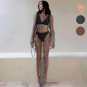 Venta al por mayor de las mujeres sudaderas con capucha de ganchillo malla de diamantes de imitación perla pegatinas de malla de diamantes transparentes vestidos largos - Product Image 2