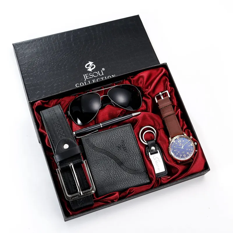 2022 Men's Gift Set Creative Six Wallets Sunglasses Keychain Pen Belt Watch Set