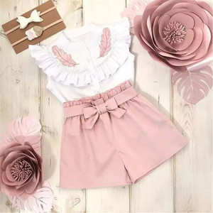 Ropa de Moda para Niños, Top sin Mangas con Cuello de Encaje y Hojas + Pantalones Cortos con Cintura Elástica, Conjunto de 2 Piezas, Ropa de Verano para Niñas - Product Image 1