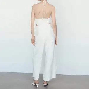 Nieuw Design Zomer Groothandel Elegante Custom Bescheiden Dames Halter Mouwloze Linnen Jumpsuit Voor Vrouwen