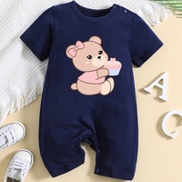 Romper Bayi Summer Infant Motif Beruang Kecil Biru Tua 100% Katun Lengan Pendek Kancing Tekan di Selangkangan Pakaian Bayi Romper