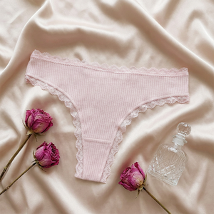 Tanga de Algodón Acanalado para Mujer, con Ribete de Encaje, Talle Medio, Suave, Elástico y Cómodo, Tallas Grandes, Ropa Interior Tipo G-String - Product Image 1