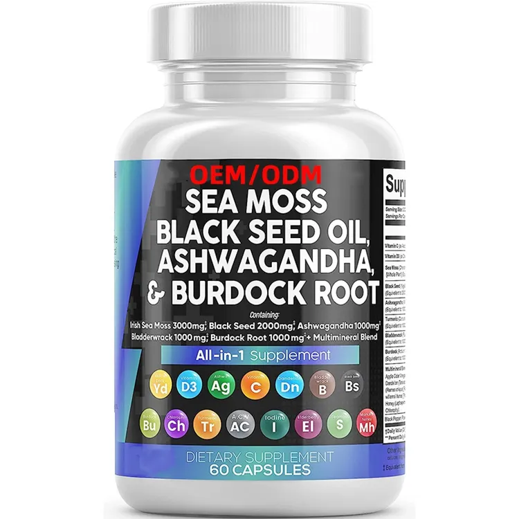 Aceite de semilla de musgo de Mar Negro Ashwagandha y raíz de bardana todo en 1 cápsulas complejas de suplemento