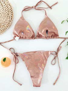 Nouveau Maillot de Bain Bikini Brillant Uni Sexy pour Femme 2025, Ensemble Deux Pièces à Col Halter avec Perles pour la Plage et la Natation - Product Image 6
