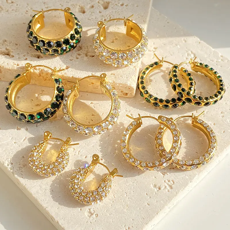 Wholesale Chunky Stainless Steel Diamond Jewelry 18K Gold Plated PVD Micro Pave CZ Cubic Zirconia Zircon Hoop Huggies Earrings