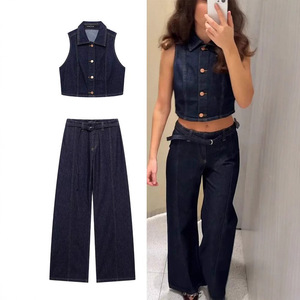 <span class=keywords><strong>Traje</strong></span> vaquero de cintura alta transpirable estilo Vintage americano europeo <span class=keywords><strong>para</strong></span> <span class=keywords><strong>mujer</strong></span>, Chaleco Corto ajustado informal con solapa, cinturón de cintura de poliéster/algodón - Product Image 1