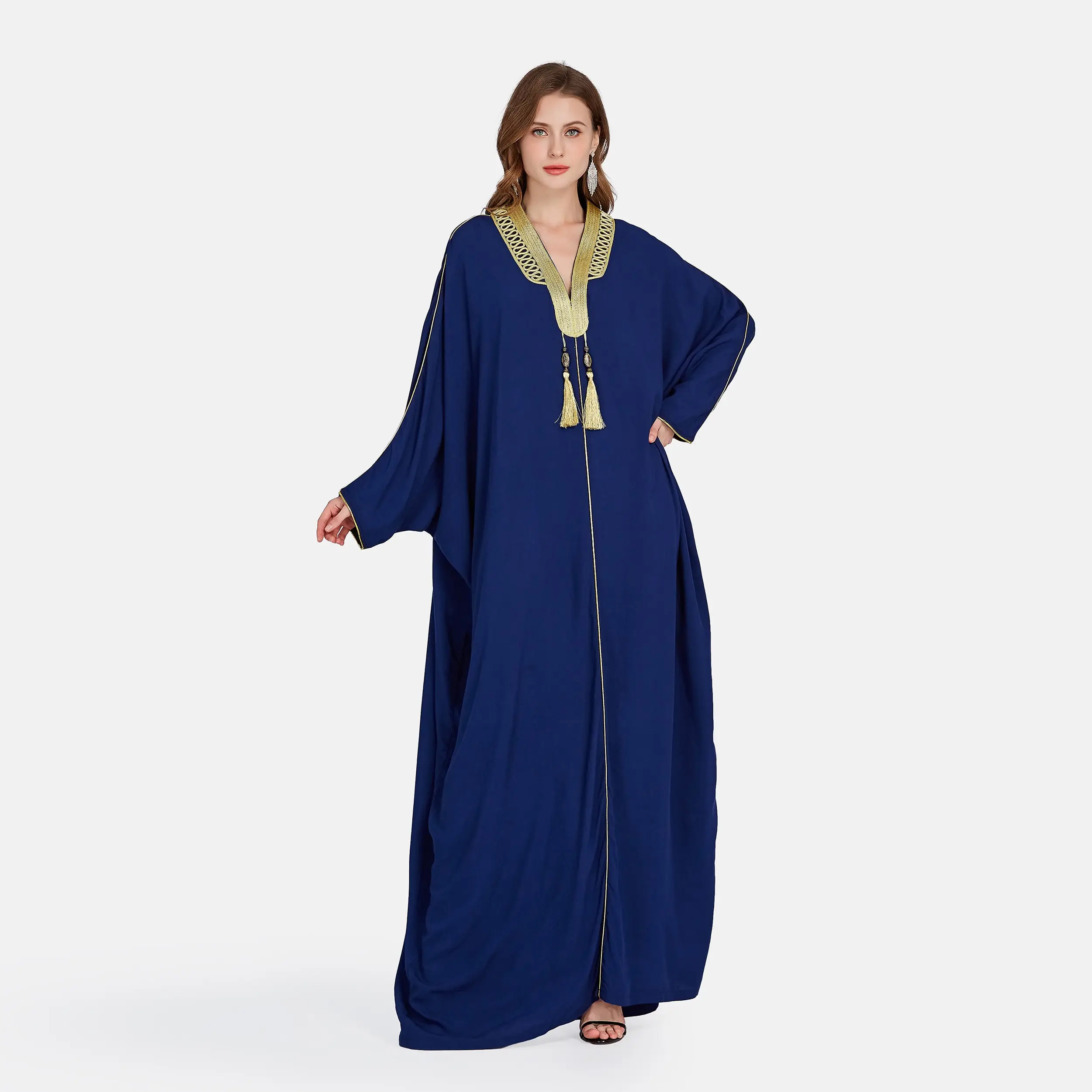 Phụ Nữ Thanh Lịch Hồi Giáo Hồi Giáo Thổ Nhĩ Kỳ Thêu Tua Dài Tay Áo V Cổ Chiều Dài Sàn Kaftan Abaya Áo Choàng Ăn Mặc