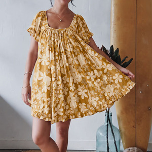 Nouvelle robe maxi à imprimé floral d'été, col carré, mini-jupe, robe de plage personnalisée en lin et viscose - Product Image 4