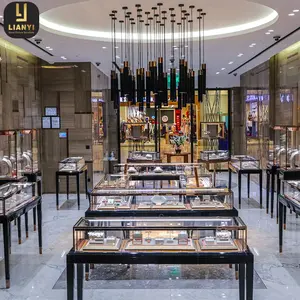 Black high-gloss surface walnut wood jewelry store furniture custom jewellery silding glass door showcase