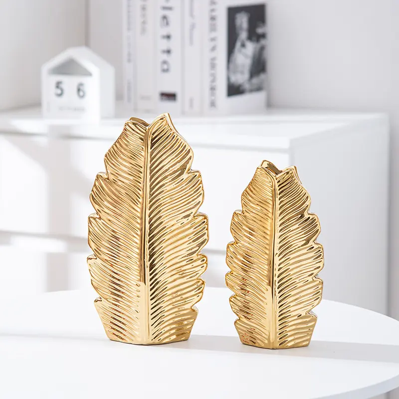Gold Plated Leaf Ceramic Vase Home Decor Creative Design Porcelain Decorative Flower Vase For Wedding Decoration