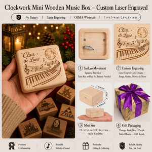 Boîte à musique classique en bois Clair de <span class=keywords><strong>Lune</strong></span>, Sankyo à remonter, gravée en érable, motif Clair de <span class=keywords><strong>Lune</strong></span> Debussy, cadeau pour elle, vente en gros OEM - Product Image 2