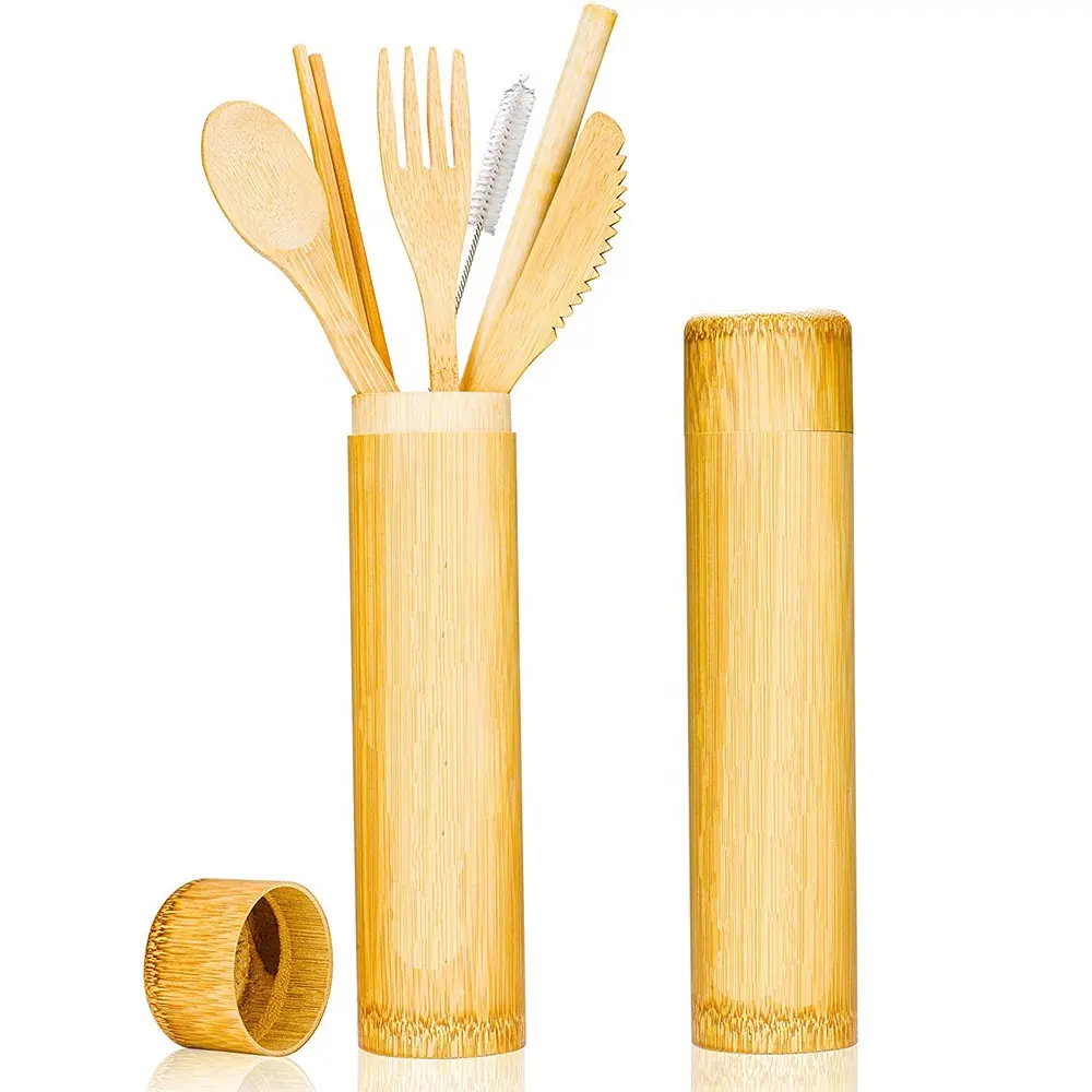 Custom Merk Eetstokjes Lepel Bamboe Rietjes Mes Set Met Milieuvriendelijke Herbruikbare Pakket