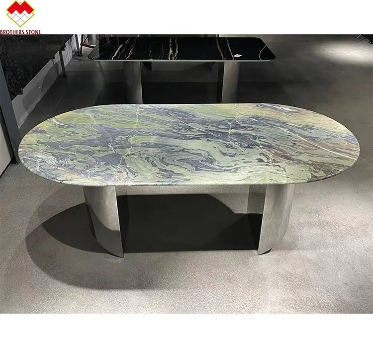 Table de salle à manger de luxe en pierre verte marbre bleu granit ovale plateau en marbre en option ensemble 6 chaises