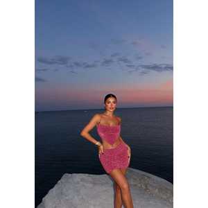 Ensemble 2 pièces décontracté rose à paillettes Nessa pour femme, taille XL, en tricot, comprenant un haut court et un pantalon court avec jupe ample - Product Image 2