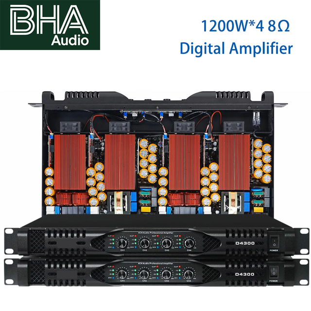 BHA D4300 1200W*4 8Ω 4 Channel Class D Digital Power Amplifier High Power Stereo Amp Rack Mount for Stage Line Array PA Speaker
