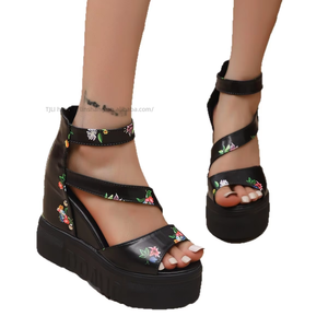 Women European Style Peep-Toe <b>Sandals</b> With Large Wedge Heel Closed Back, Summer Back Zipper Floral Roman <b>Sandals</b> - Product Image 5