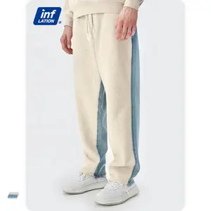 Celana Lurus Tambalan Demin Streetwear Pria Celana Sweatpants Bulu Domba