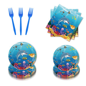 Cá mập xanh bé cá heo đại dương chủ đề trẻ em Cung cấp bữa tiệc sinh nhật-đĩa giấy, cốc giấy, khăn giấy, biểu ngữ trang trí - Product Image 3