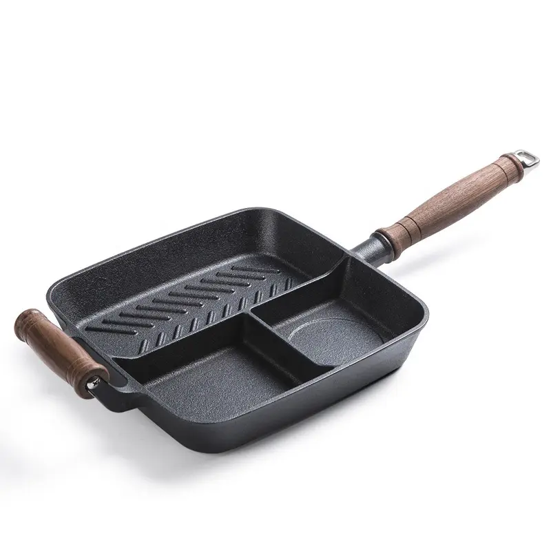 新しいタイプの木製ハンドル味付け鋳鉄分割グリルフライパン鋳鉄3分割鍋