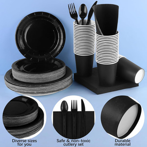 Schwarzes Einweg-Partygeschirr-Set mit Papptellern, Bechern und Besteck für Geburtstag, Halloween, Valentinstag, Neujahr - Product Image 3
