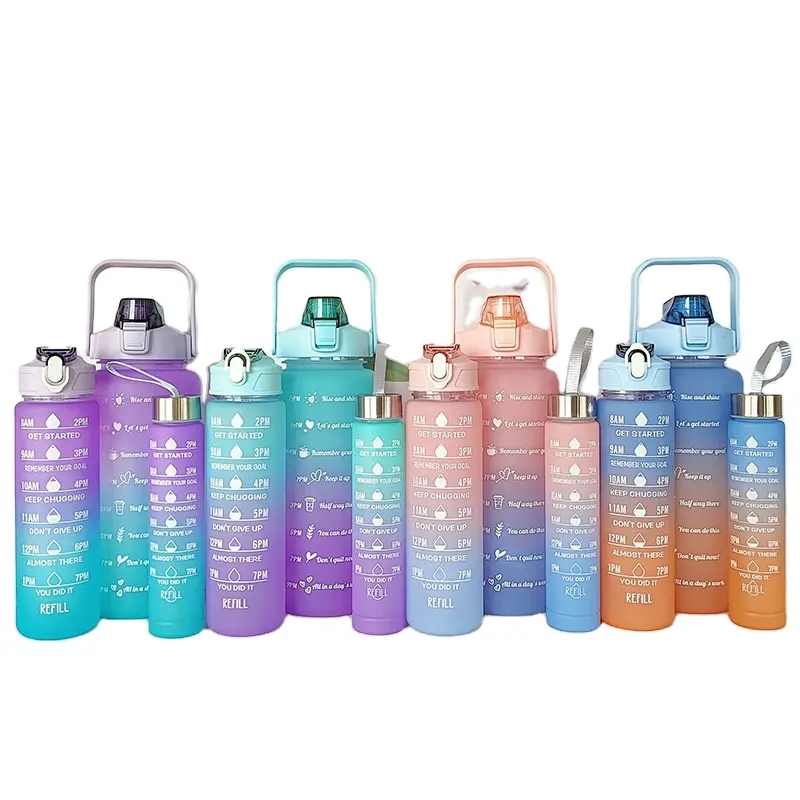 Ensemble de 3 bouteilles d'eau en plastique à boire direct 2L pour le sport, sans BPA, pour le fitness, la motivation, la paille et la poignée.