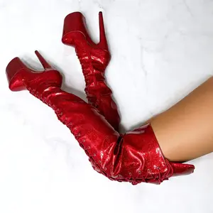 Glitterati-zapatos de plataforma de cuero para mujer, botas sexys de tacón fino con hebilla y cremallera, con cordones hasta el muslo