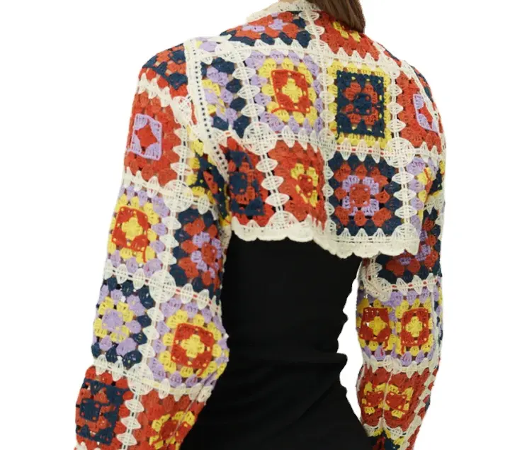2022 New Design Custom Hand Hook Open Front Crochet Women Short Style Sexy Joy Granny Square Shrug Cardigan