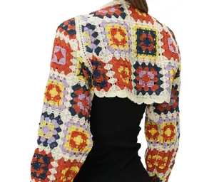 2022 New Design Custom Hand Hook Open Front Crochet Women Short Style Sexy Joy Granny Square Shrug Cardigan