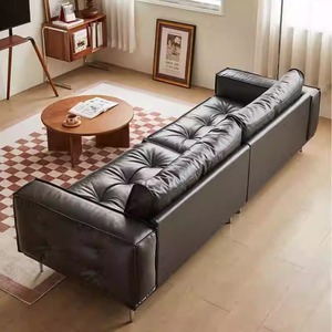 Mid Century Oil Wax Retro Genuine Leather <b>Sofa</b> Top Grain Cowhide Living Room Small Space Designer French <b>Sofa</b> <b>Set</b> - Product Image 4