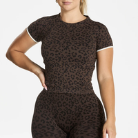T-shirt sans couture imprimé léopard ARCHNANO pour femme, haut de yoga et de fitness à lignes contrastées, crop top de sport pour la gym, vêtements de sport fitness