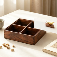 Boîte de rangement rectangulaire en bois massif de noyer noir de style japonais pour collations et bonbons, conteneur en bois pour fruits secs avec couvercle et quatre compartiments