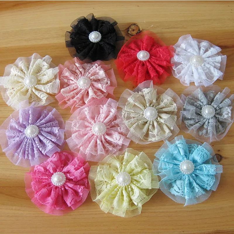 3,6 "12 colores moda Shabby flor triturada con perla fFor Hairclip Flor de encaje para Decoración