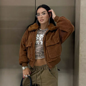 Veste en velours côtelé marron, col court en teddy, fermeture éclair, doublure en sherpa, streetwear rétro, crop top baddie - Product Image 2