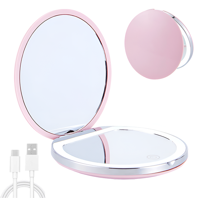 Portable USB Charging Mini Circular Handheld Mirror Double Sided Folding Round Pocket Mirror LED Light for Eye Shadow Makeup