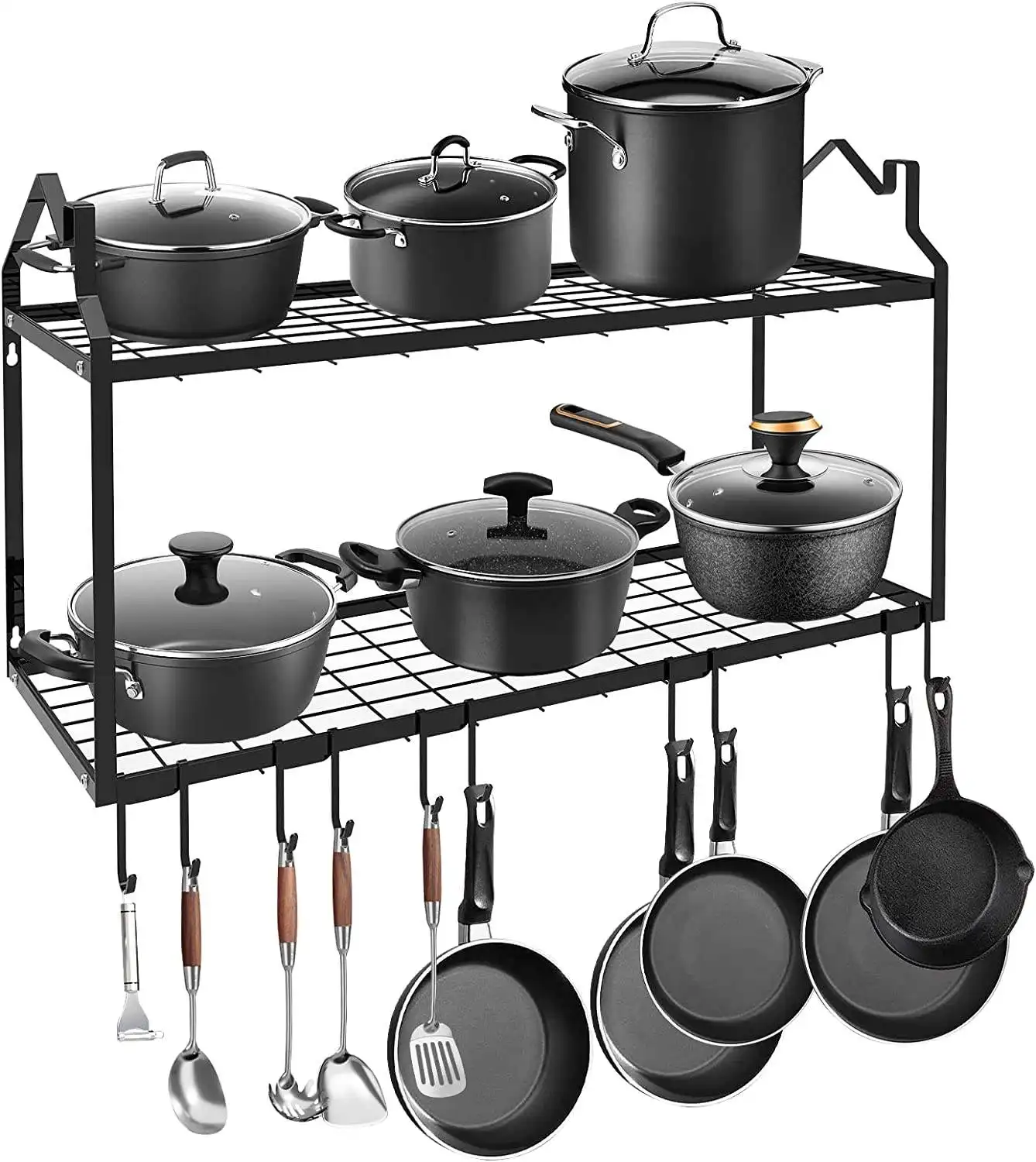 Organisateur de casseroles et poêles à 2 niveaux Étagère murale suspendue pour l'organisation de la cuisine Table tournante en métal noir de grande taille