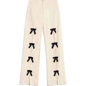 S&L Custom Logo High Waisted <b>Trousers</b> With Bow Trims/ Fashion Women Front Splits <b>Trousers</b> With Ribbon Decoration - Product Image 5