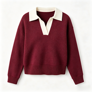 Knit <strong>Polo</strong> Sweater Women Contrast Collar Burgundy Oversized V <strong>Neck</strong> Long Sleeve Loose Retro <strong>Ladies</strong> Knitted Pullover <strong>Jumper</strong> - Product Image 2