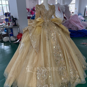 Mc053 Gold <b>Glitter</b> Tulle Prom Dress V Neck Long Sleeve Puff Shoulder Sequin Embroidered Crystal <b>Ball</b> Gown Jancember - Product Image 2