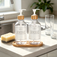 Distributeur de savon en plastique transparent sans BPA de 16 oz avec pompe en bambou et plateau en bambou, récipient rechargeable pour savon liquide pour les mains et la vaisselle