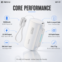 REMAX Mini Power Bank 10000mAh, charge rapide 22.5W, câble Type-C intégré, cordon, 2-en-1, capsule compacte, écran LED, PD20W, voyage