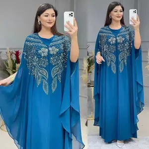 Hạt Sang Trọng Thêu Voan Bướm Abaya Hồi Giáo Maxi Đá Ăn Mặc Với Bên Trong Ăn Mặc Crew Cổ Áo Thanh Lịch Áo Phi Boubou