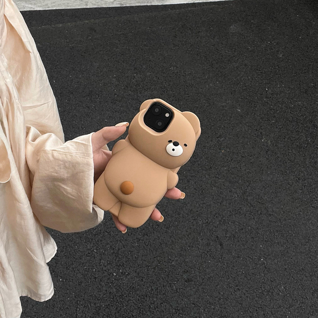 Cartoon 3D Bear Mobile Phone Case for 11/12/13/12 Pro Max/15 Pro Max Shockproof Soft Real Silicone Lens Protective Case