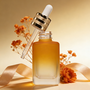 Maßgefertigte Matte Farbverlauf Flasche in Lila-Orange für Kosmetik mit Pipette 60ml 80ml 100ml Quadratische Goldstaub-Tropfflasche für Ätherische Öle - Product Image 2