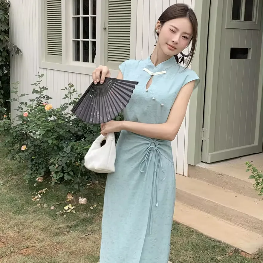 Vendita calda nuova moda cinese Cheongsam gonne con collo alto cravatta in vita abiti di colore solido da donna